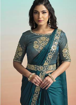 Rama lustrous satin silk embroidery ready to wear saree 4