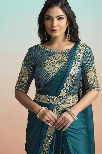 Rama lustrous satin silk embroidery ready to wear saree