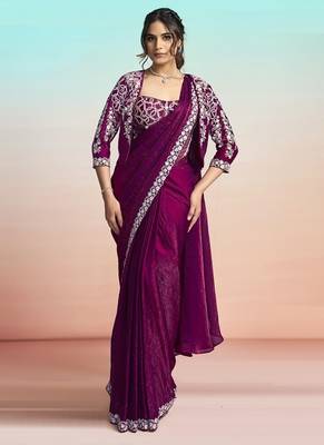 Maroon two tone satin silk embroidery ready to wear saree 1