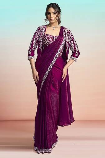 Maroon two tone satin silk embroidery ready to wear saree
