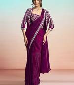 Maroon two tone satin silk embroidery ready to wear saree