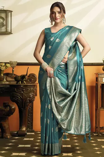 peacock green soft silk saree with tassels festival wear saree