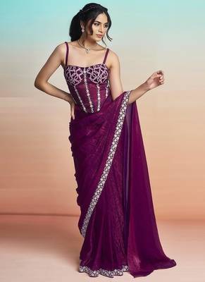 Maroon two tone satin silk embroidery ready to wear saree 2