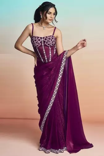 Maroon two tone satin silk embroidery ready to wear saree