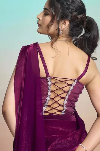 Maroon two tone satin silk embroidery ready to wear saree