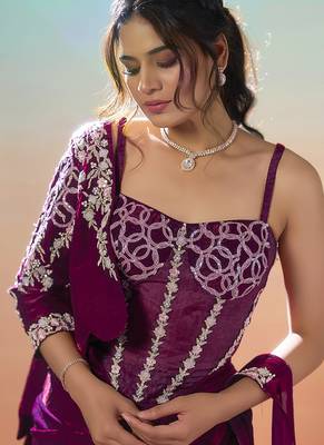 Maroon two tone satin silk embroidery ready to wear saree 4