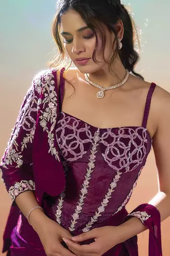 Maroon two tone satin silk embroidery ready to wear saree