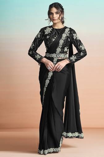 Black lustrous satin silk embroidery ready to wear saree