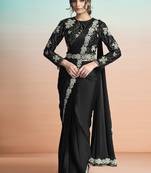 Black lustrous satin silk embroidery ready to wear saree