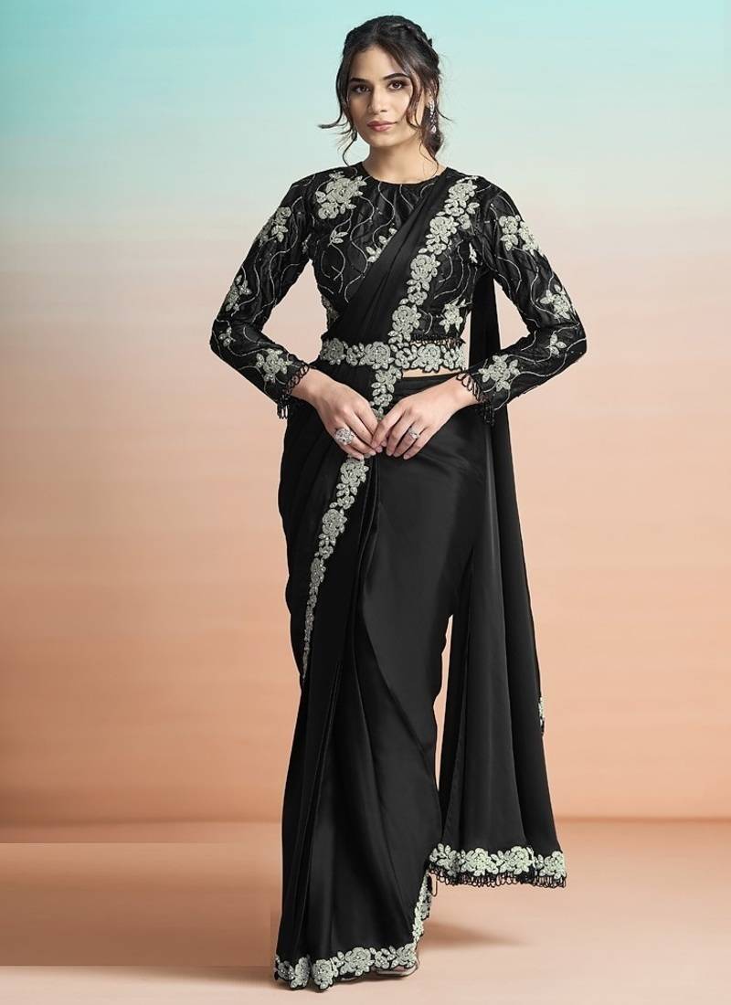 Black lustrous satin silk embroidery ready to wear saree