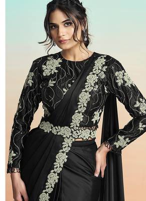Black lustrous satin silk embroidery ready to wear saree 2
