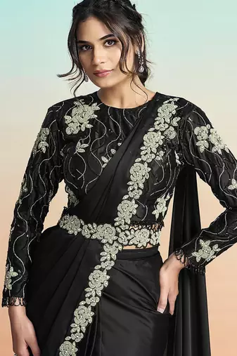 Black lustrous satin silk embroidery ready to wear saree