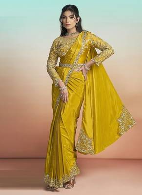 Mustard yellow natural crepe satin embroidery ready to wear saree 1