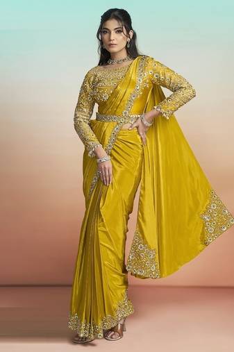 Mustard yellow natural crepe satin embroidery ready to wear saree