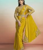 Mustard yellow natural crepe satin embroidery ready to wear saree
