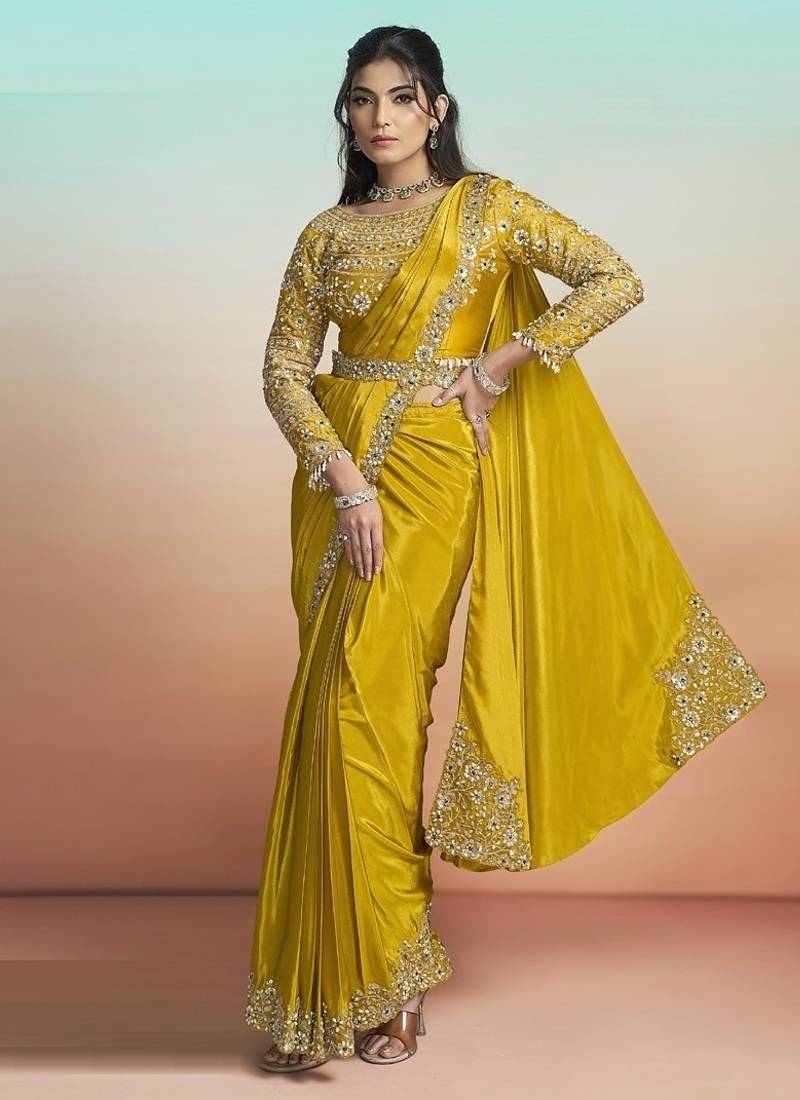 Mustard yellow natural crepe satin embroidery ready to wear saree