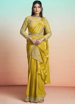 Mustard yellow natural crepe satin embroidery ready to wear saree 2