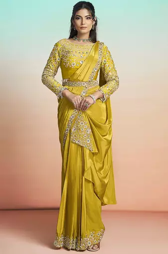 Mustard yellow natural crepe satin embroidery ready to wear saree