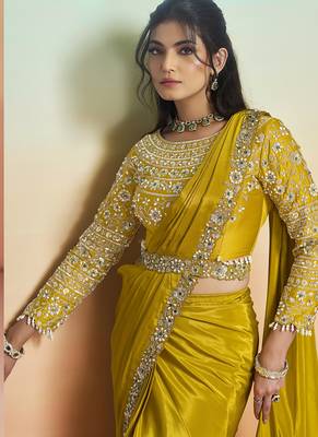 Mustard yellow natural crepe satin embroidery ready to wear saree 3