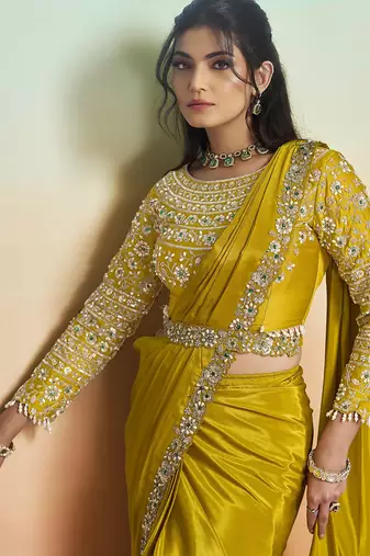 Mustard yellow natural crepe satin embroidery ready to wear saree