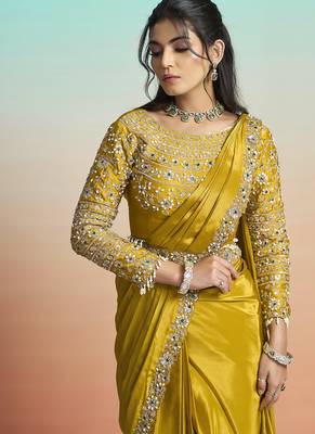 Mustard yellow natural crepe satin embroidery ready to wear saree 4