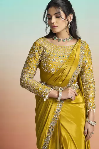 Mustard yellow natural crepe satin embroidery ready to wear saree