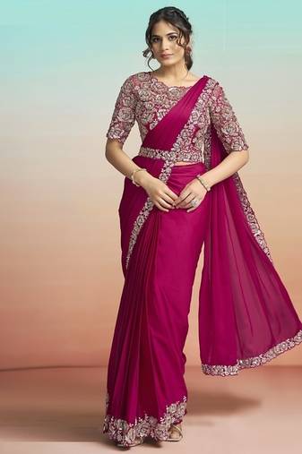Rani lustrous satin silk embroidery ready to wear saree