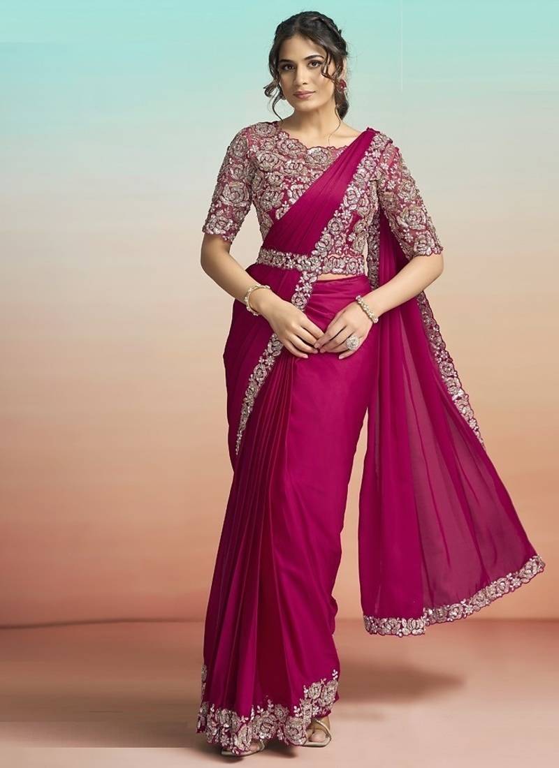Rani lustrous satin silk embroidery ready to wear saree
