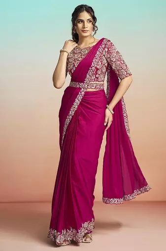 Rani lustrous satin silk embroidery ready to wear saree