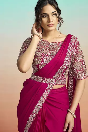 Rani lustrous satin silk embroidery ready to wear saree
