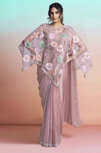 Peach georgette satin embroidery ready to wear saree
