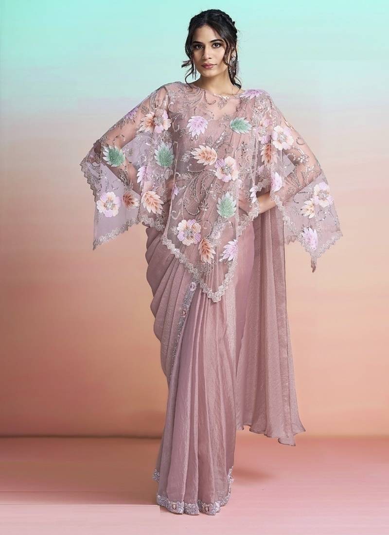 Peach georgette satin embroidery ready to wear saree