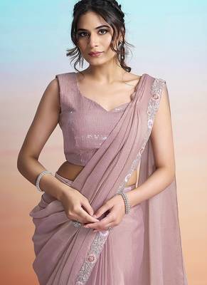 Peach georgette satin embroidery ready to wear saree 2