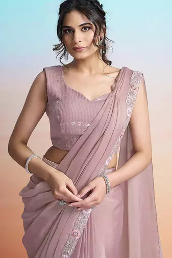 Peach georgette satin embroidery ready to wear saree