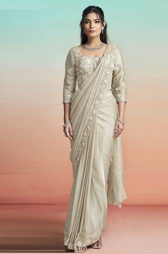 Pearl grey two tone satin silk embroidery ready to wear saree
