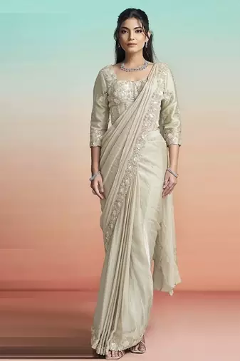 Pearl grey two tone satin silk embroidery ready to wear saree