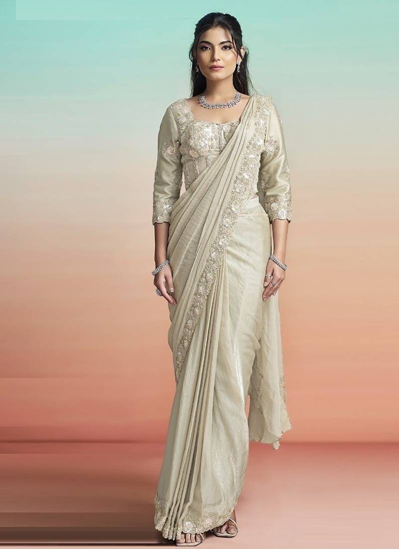 Pearl grey two tone satin silk embroidery ready to wear saree