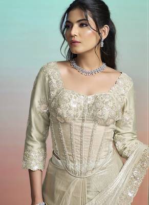 Pearl grey two tone satin silk embroidery ready to wear saree 2