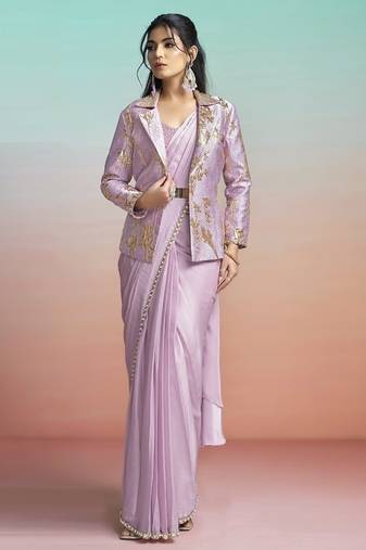 Lavender lustrous satin silk embroidery ready to wear saree