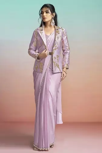 Lavender lustrous satin silk embroidery ready to wear saree