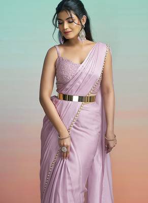 Lavender lustrous satin silk embroidery ready to wear saree 2
