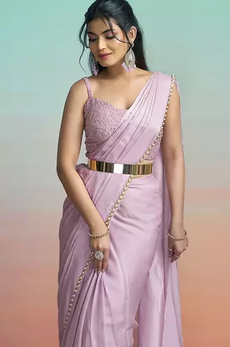 Lavender lustrous satin silk embroidery ready to wear saree
