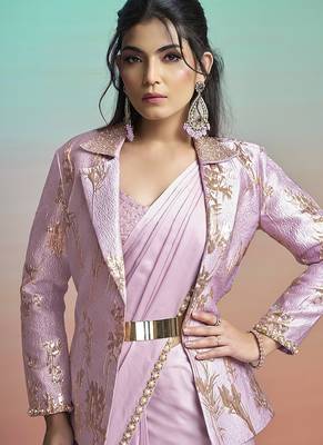 Lavender lustrous satin silk embroidery ready to wear saree 3