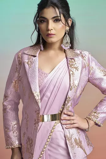 Lavender lustrous satin silk embroidery ready to wear saree