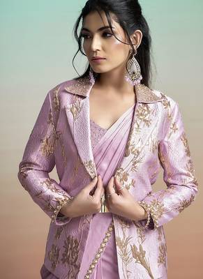 Lavender lustrous satin silk embroidery ready to wear saree 4