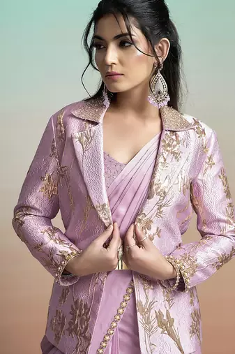 Lavender lustrous satin silk embroidery ready to wear saree
