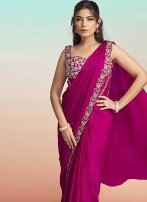 Rani satin silk embroidery ready to wear saree 5