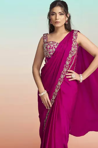 Rani satin silk embroidery ready to wear saree