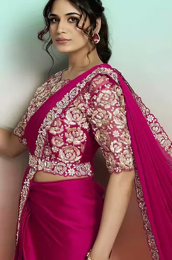 Rani lustrous satin silk embroidery ready to wear saree