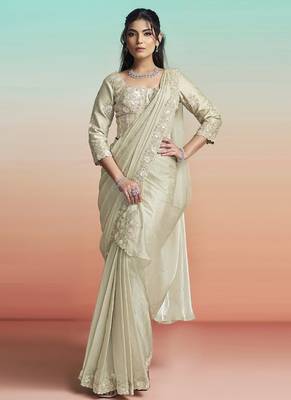 Pearl grey two tone satin silk embroidery ready to wear saree 3